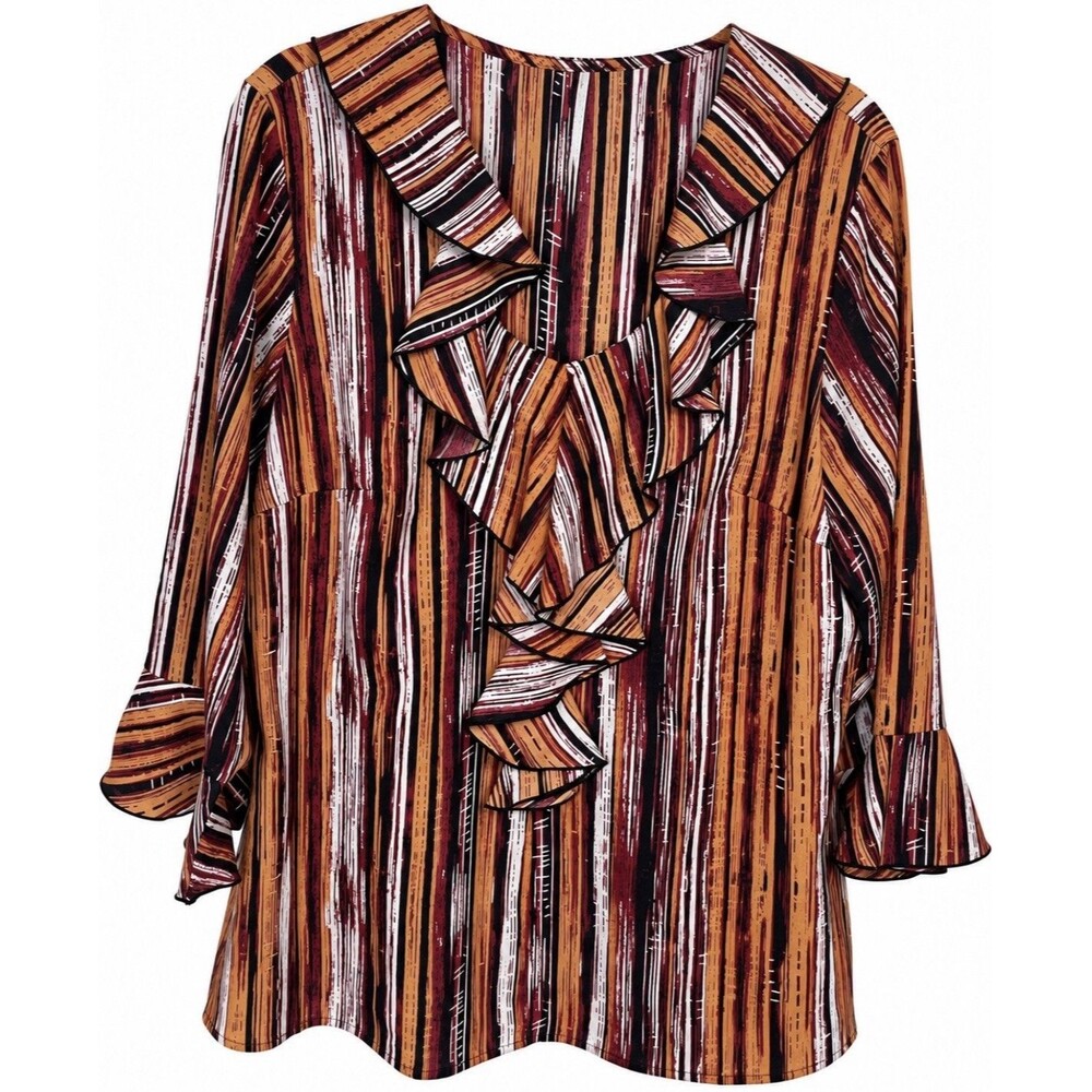 Milano Women’s L Fall Blouse Ruffle Bell Sleeve Striped Rust Burgundy Boho